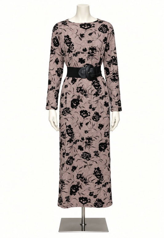 Completo donna 2 pezzi: vestito lungo e cardigan floreale rosa e nero – Made in Italy