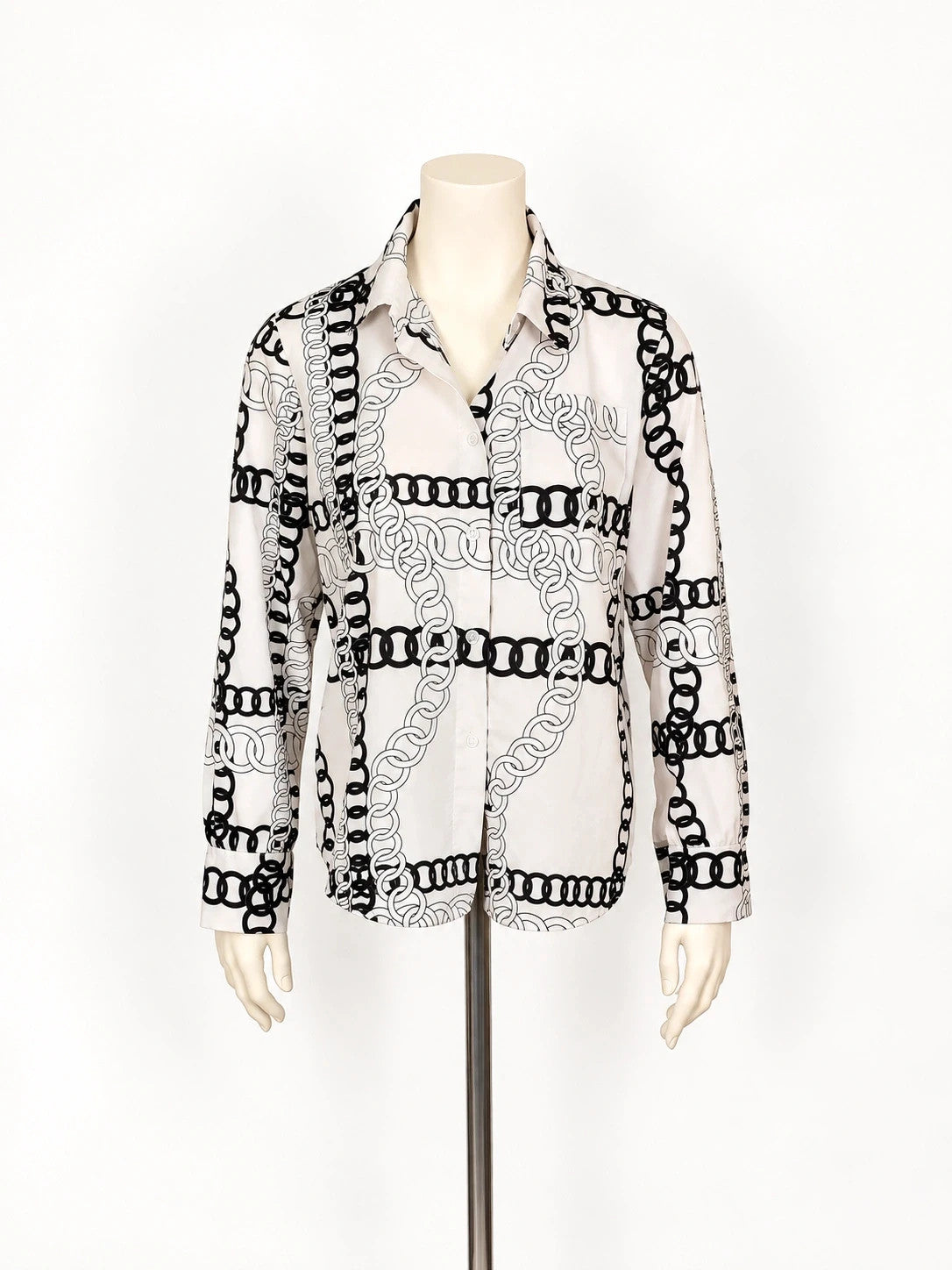 Camicia donna a maniche lunghe bianco panna con stampa a catene nere - foto 1