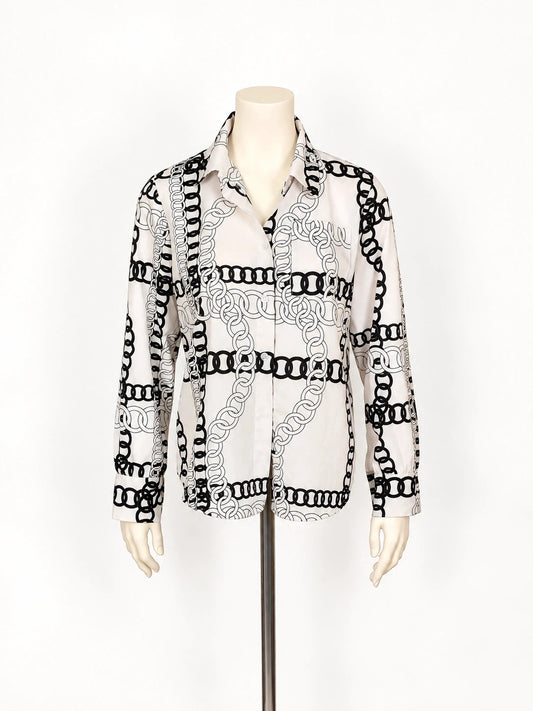 Camicia donna a maniche lunghe bianco panna con stampa a catene nere - foto 1