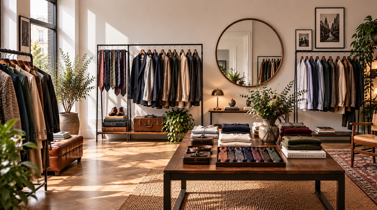 Interno di una boutique di moda con appendiabiti di giacche, camicie e cravatte vintage e contemporanee