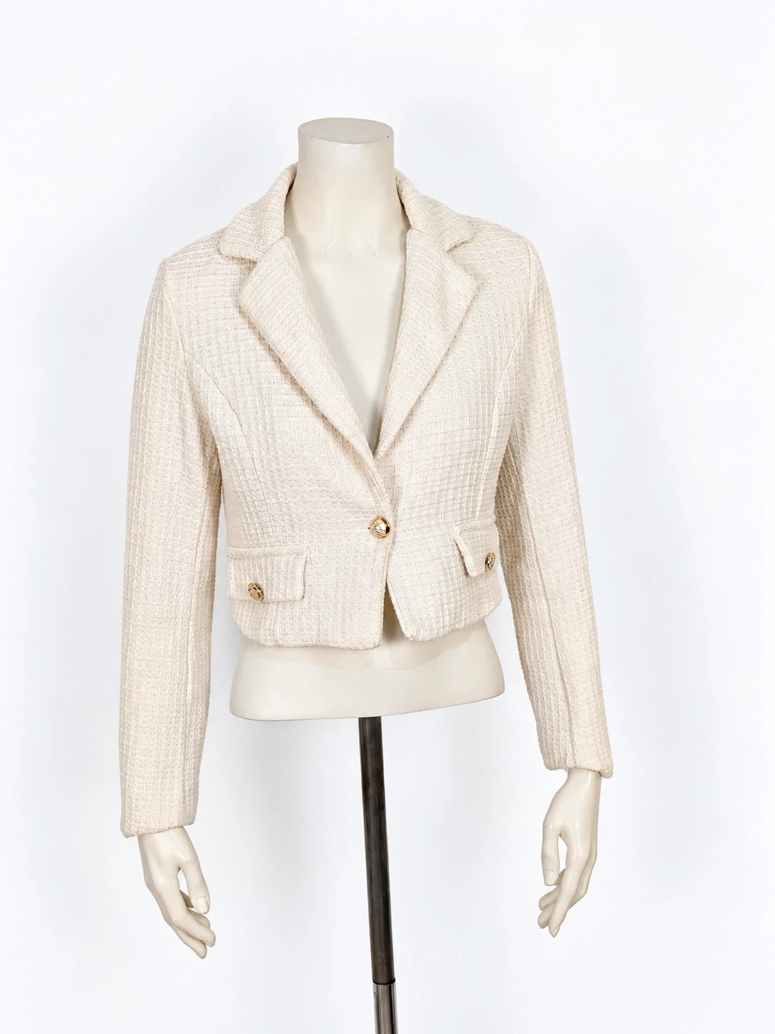 Giacca corta donna in tweed panna con bottoni dorati - foto 1