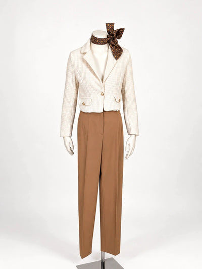 Tailleur donna vintage: giacca in bouclé tweed panna Made in Italy e pantalone cammello Gerry Weber – Tg. M