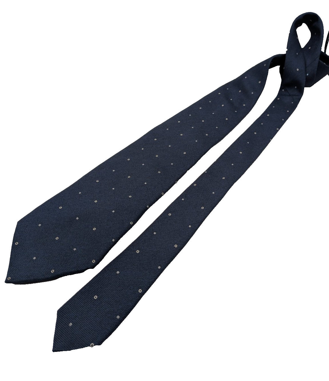 Hugo Parsons navy tie with geometric beige polka dot pattern, handmade in Italy.