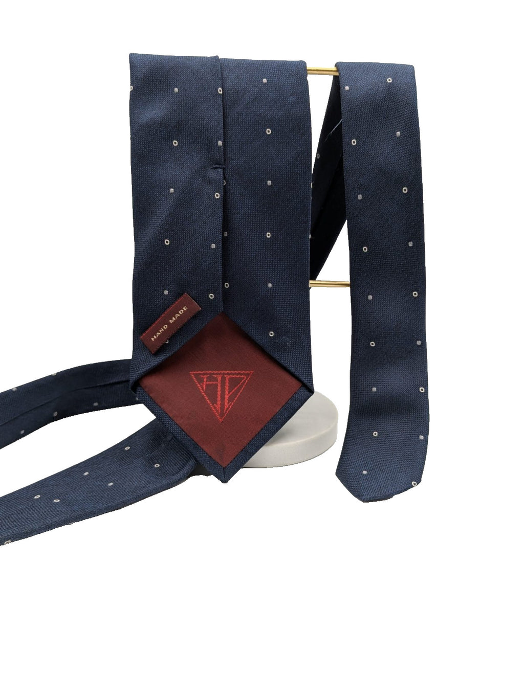 Hugo Parsons navy tie with geometric beige polka dot pattern, handmade in Italy.