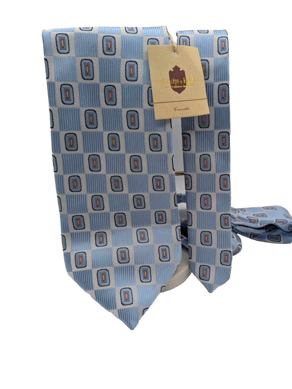 Cravatta Il Principe di Napoli Azzurra Fantasia Geometrica Uomo Elegante Nuova