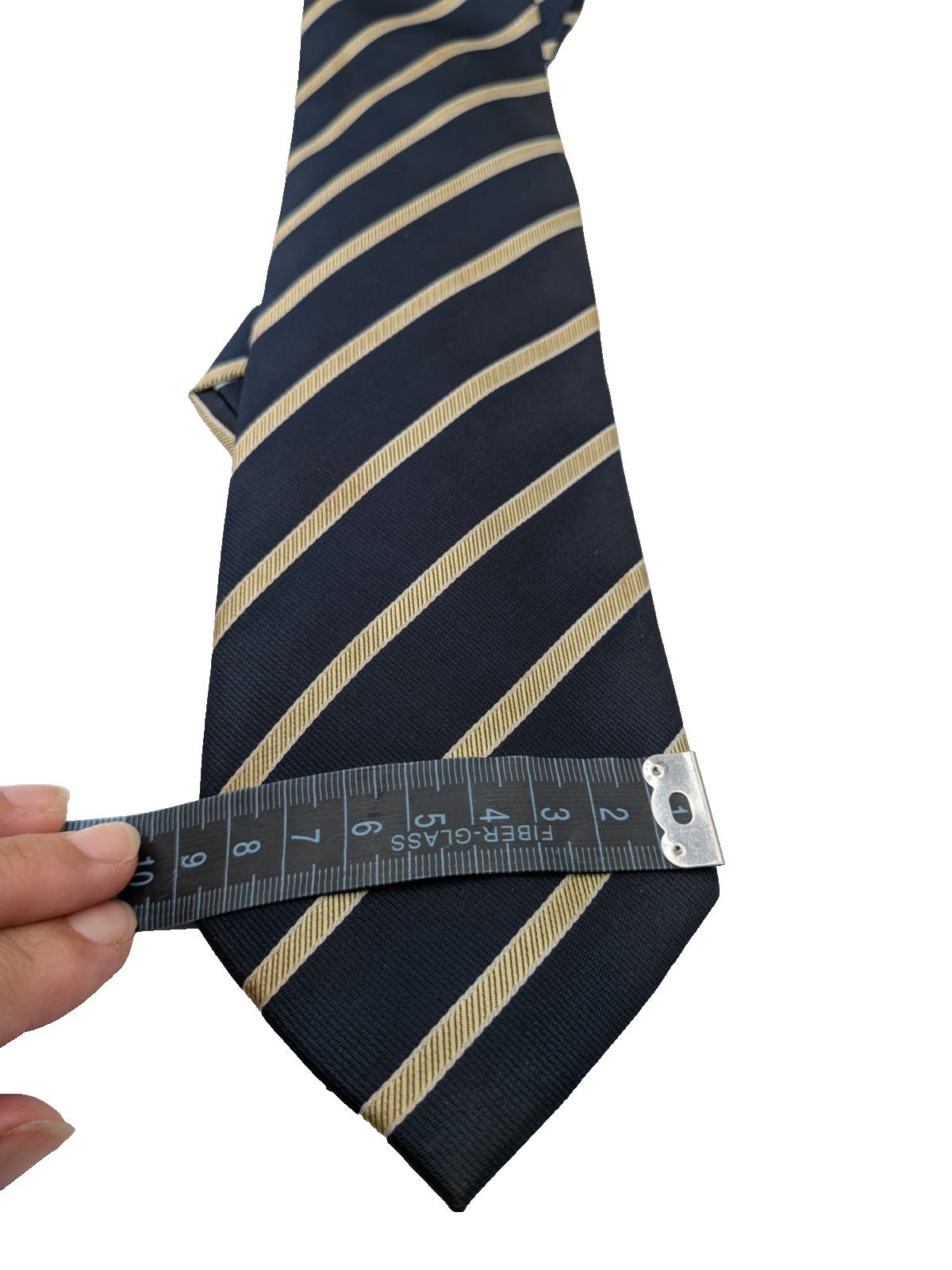 Blazer beige necktie with navy diagonal stripes and classic regimental pattern.