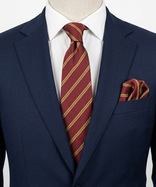 Bordeaux vintage necktie burgundy with gold diagonal stripes, 100% silk, classic regimental style.