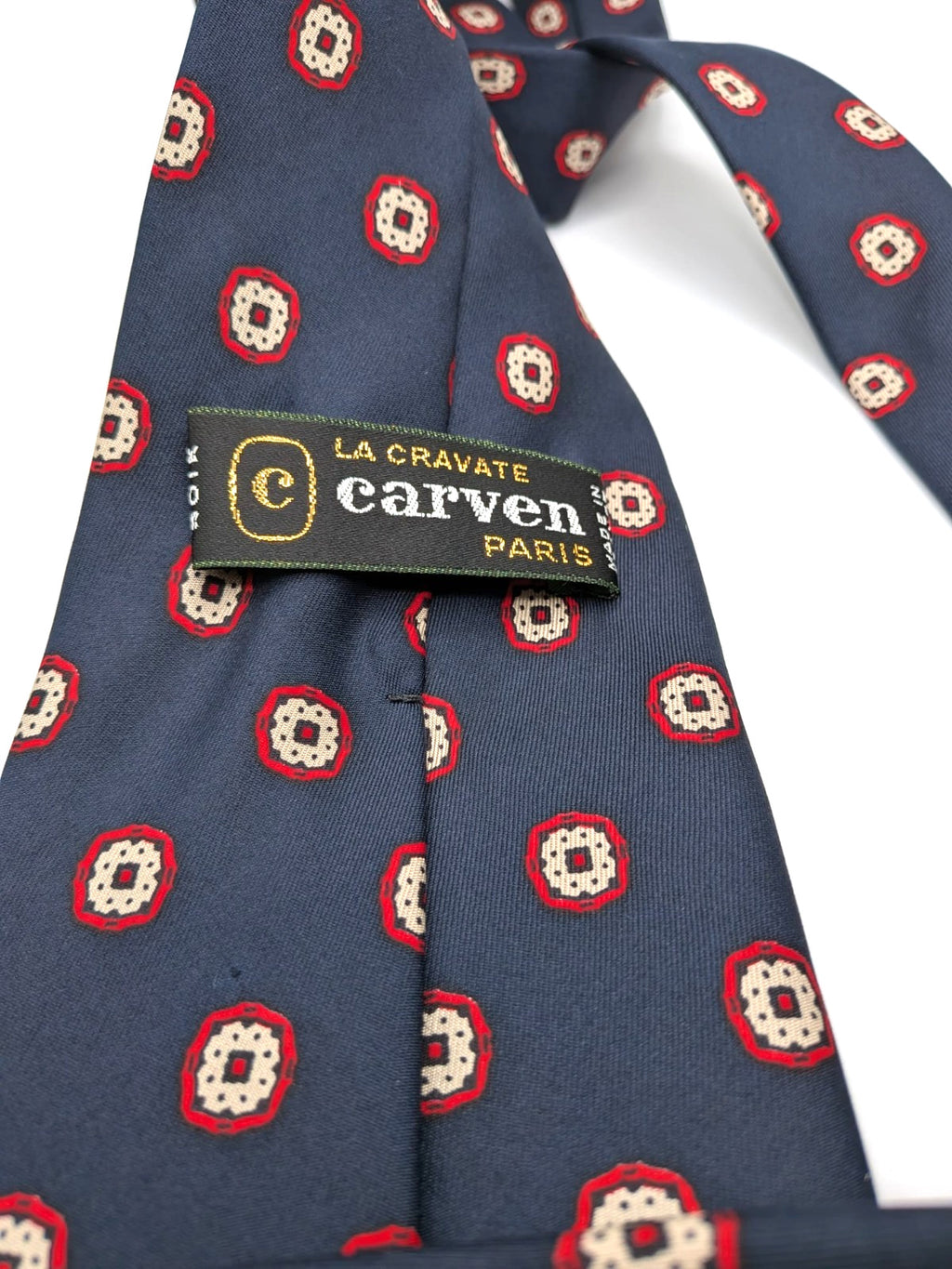 Carven Paris Cravatta Uomo Blu Navy Fantasia Made in France Vintage 9,5 cm