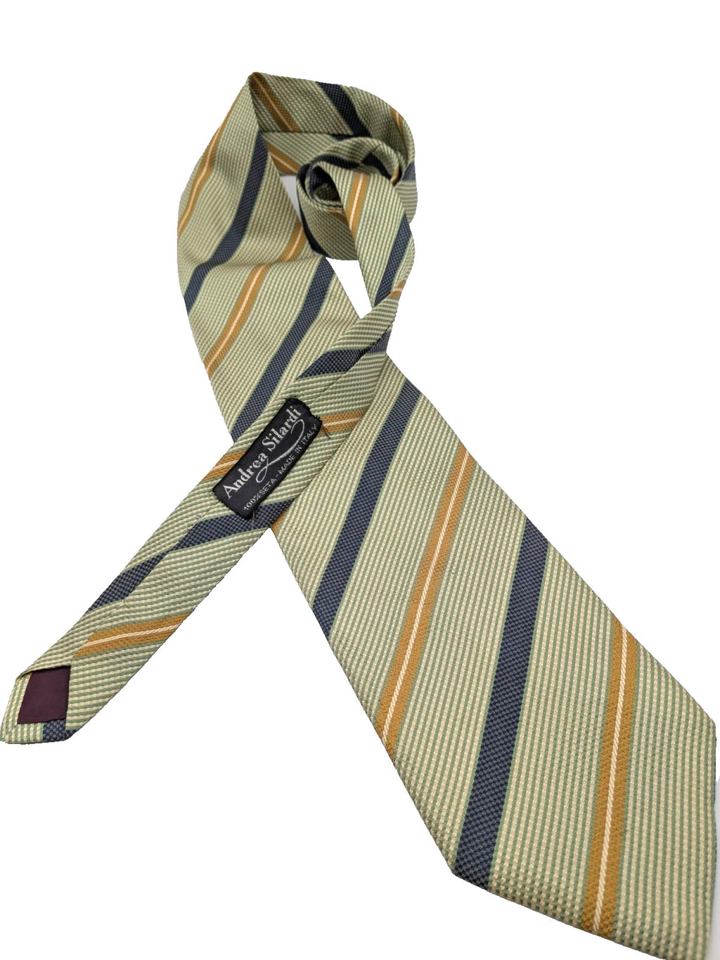 Andrea Silardi Cravatta Uomo 100% Seta Righe Verde Salvia Blu Oro Made in Italy