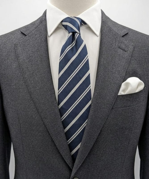 Cravatta Damiani Diffusion 100% Seta Made in Italy Blu a Righe Bianco Argento