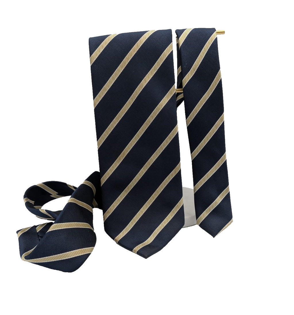 Blazer beige necktie with navy diagonal stripes and classic regimental pattern.