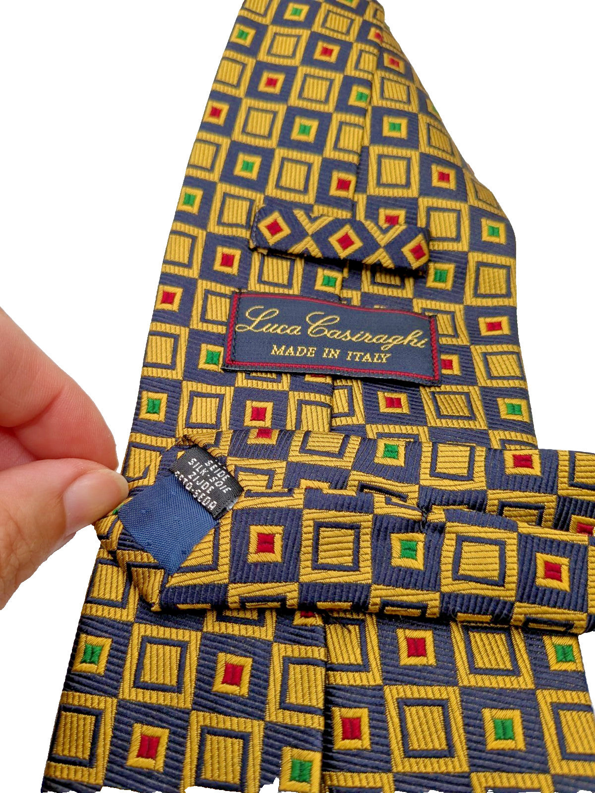 Cravatta Luca Casiraghi 100% Seta Blu Oro Geometrica Made in Italy Vintage Uomo