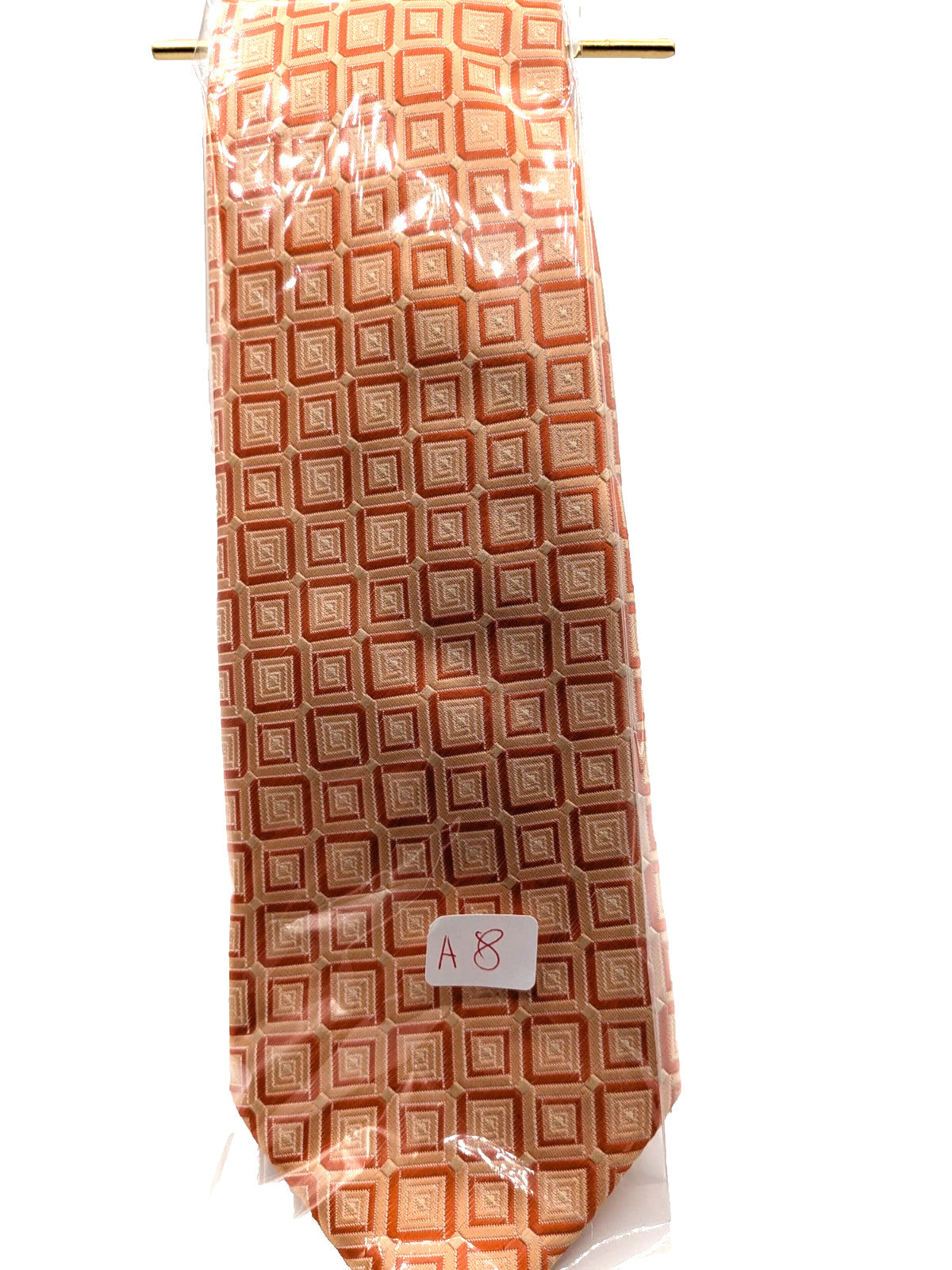 Cravatta Uomo Effetto Seta Arancio Pesca Fantasia Geometrica Elegante Vintage