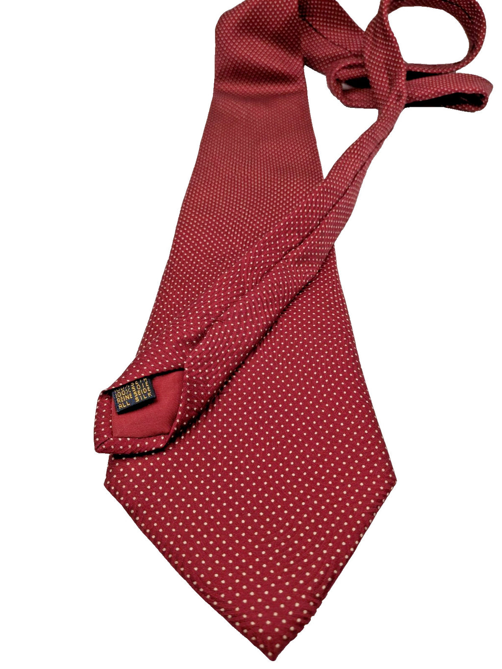 Bordeaux navy necktie 100% silk with cream polka dot pattern and original label.
