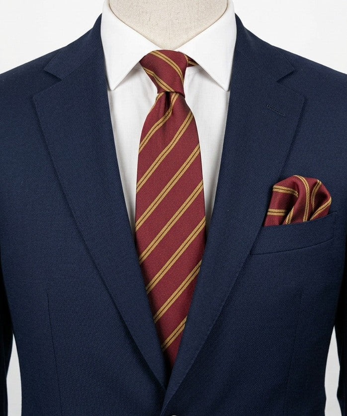 Bordeaux vintage necktie burgundy with gold diagonal stripes, 100% silk, classic regimental style.