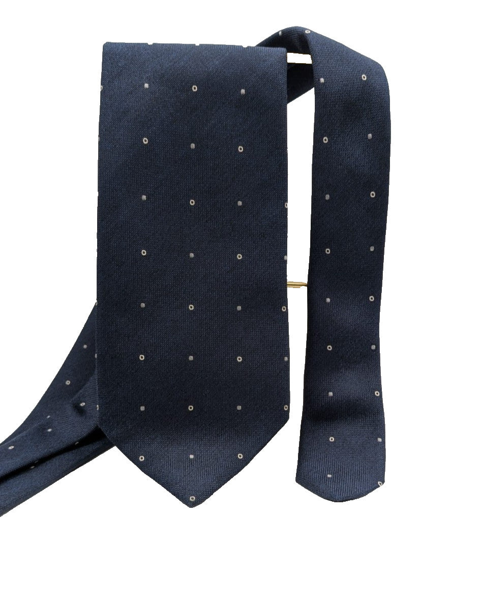 Hugo Parsons navy tie with geometric beige polka dot pattern, handmade in Italy.