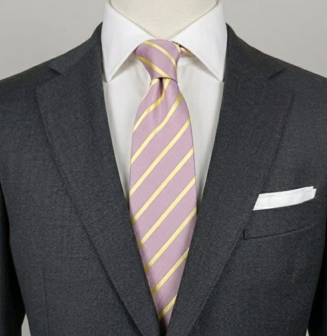 Cravatta Regimental 100% Seta Righe Lilla Giallo Elegante Cerimonia Business 9cm