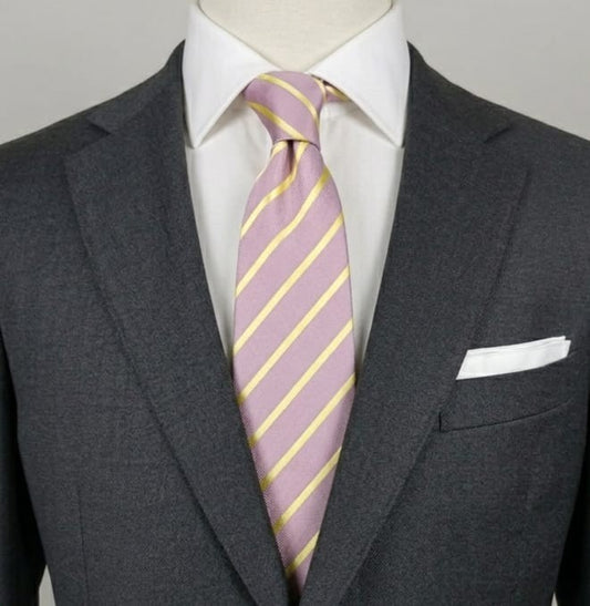Cravatta Regimental 100% Seta Righe Lilla Giallo Elegante Cerimonia Business 9cm