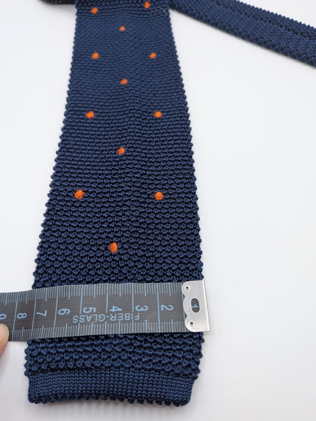 Cravatta a Maglia Uomo 100% Seta Blu Navy Pois Arancioni Knit Tie Made in Italy