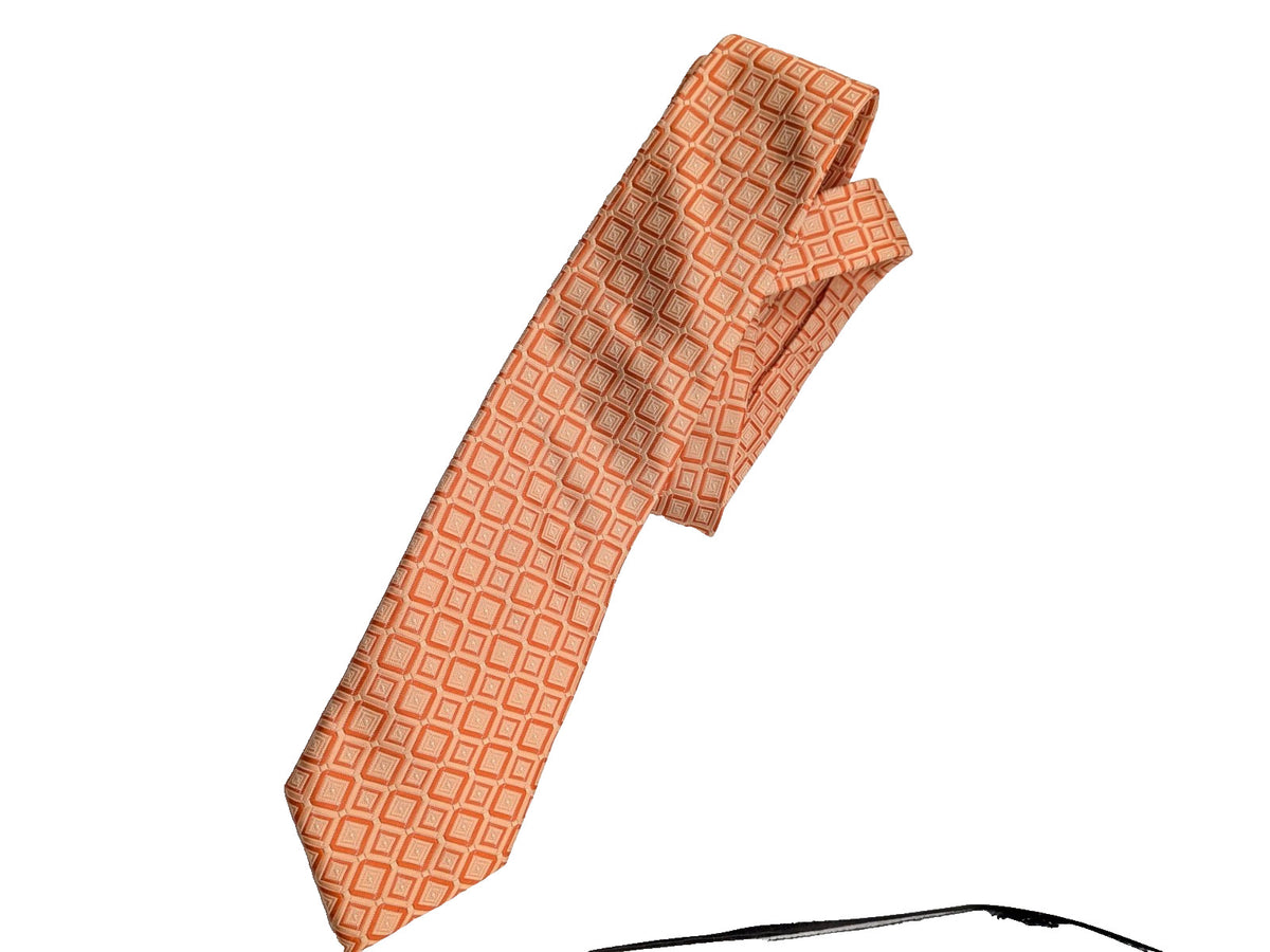 Cravatta Uomo Effetto Seta Arancio Pesca Fantasia Geometrica Elegante Vintage
