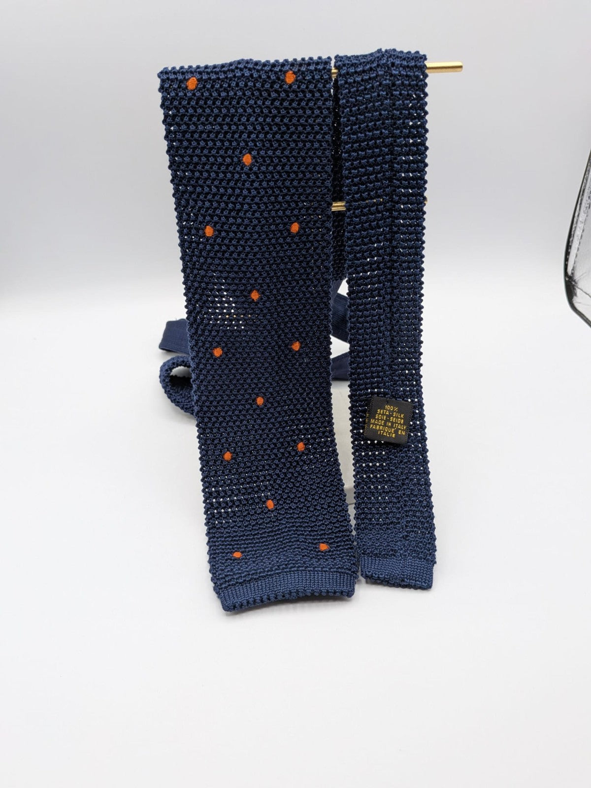 Cravatta a Maglia Uomo 100% Seta Blu Navy Pois Arancioni Knit Tie Made in Italy