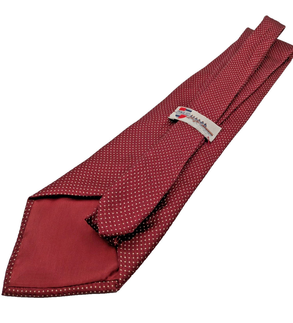 Bordeaux navy necktie 100% silk with cream polka dot pattern and original label.