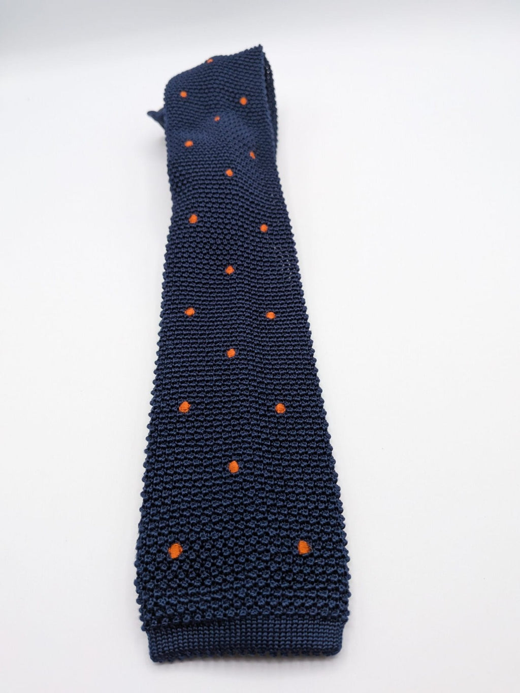 Cravatta a Maglia Uomo 100% Seta Blu Navy Pois Arancioni Knit Tie Made in Italy