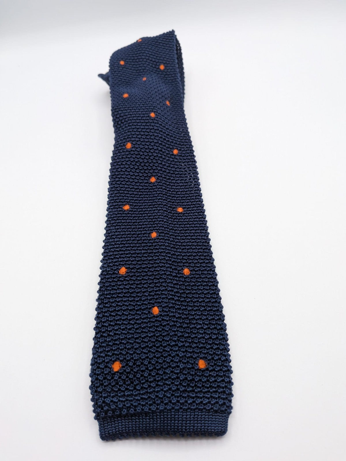 Cravatta a Maglia Uomo 100% Seta Blu Navy Pois Arancioni Knit Tie Made in Italy