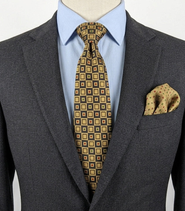 Cravatta Luca Casiraghi 100% Seta Blu Oro Geometrica Made in Italy Vintage Uomo
