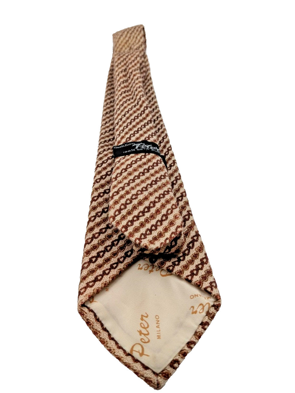 Cravatta Uomo Peter Milano 100% Seta Pura Vintage Beige Marrone Fantasi