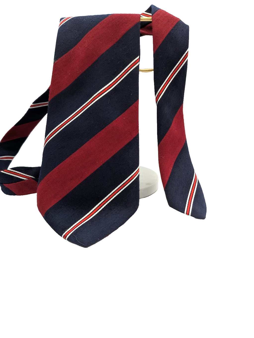Blazer necktie navy with regimental diagonal stripes in blue, burgundy, white, and red.