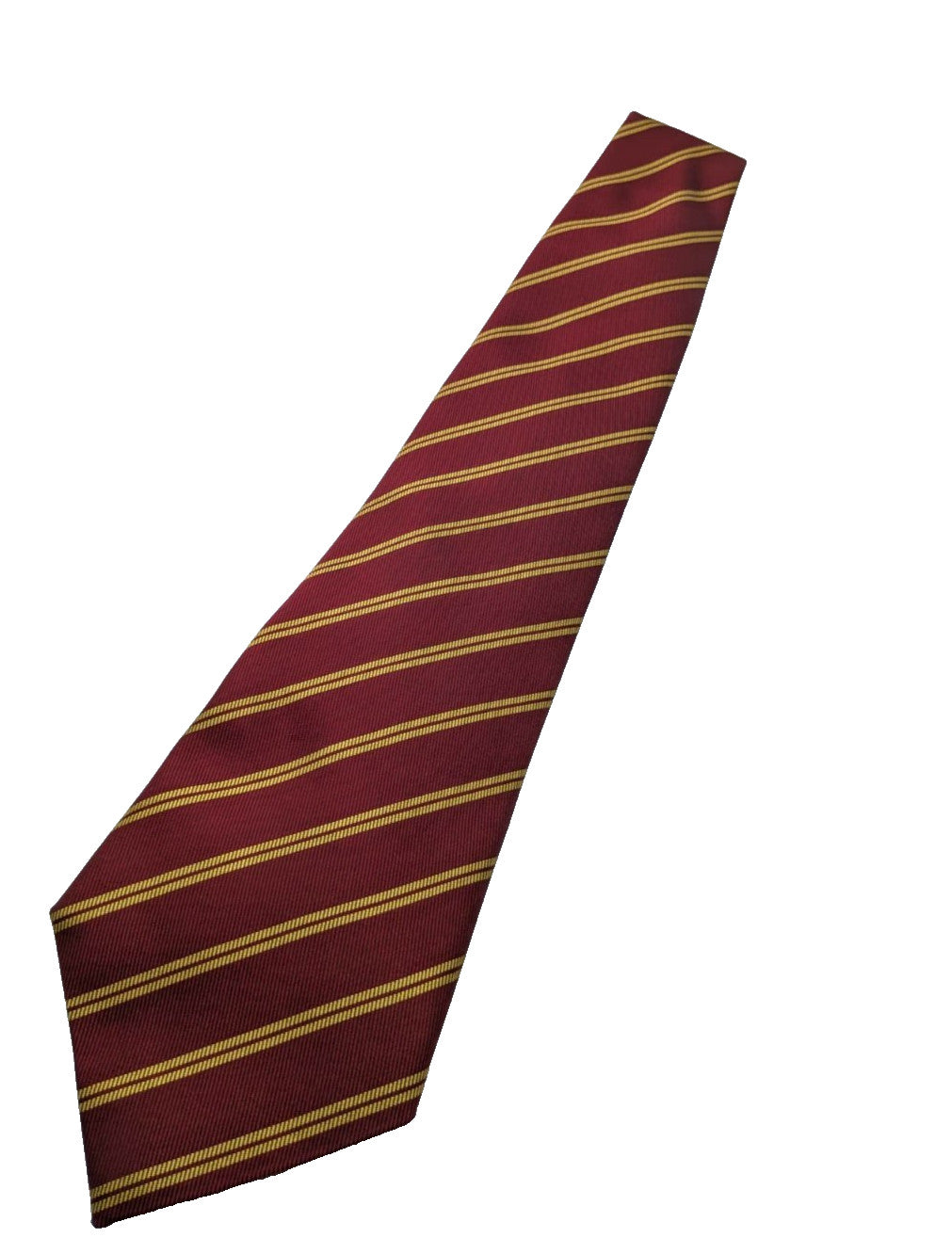 Bordeaux vintage necktie burgundy with gold diagonal stripes, 100% silk, classic regimental style.