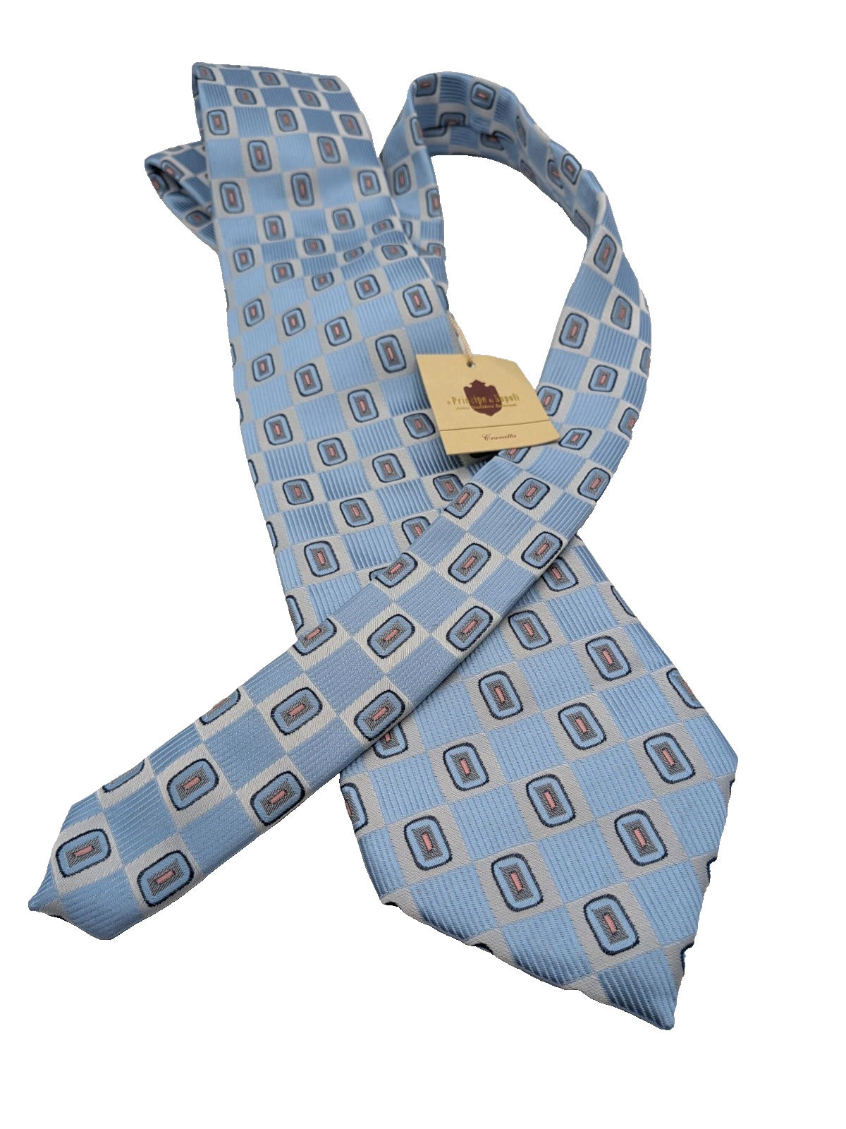 Cravatta Il Principe di Napoli Azzurra Fantasia Geometrica Uomo Elegante Nuova