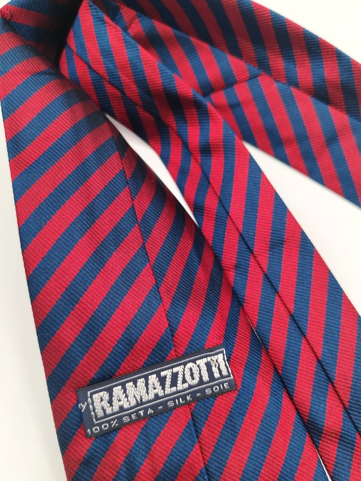 Cravatta RAMAZZOTTI 100% Seta Silk Made in Italy Regimental Rossa Blu Logo Vinta