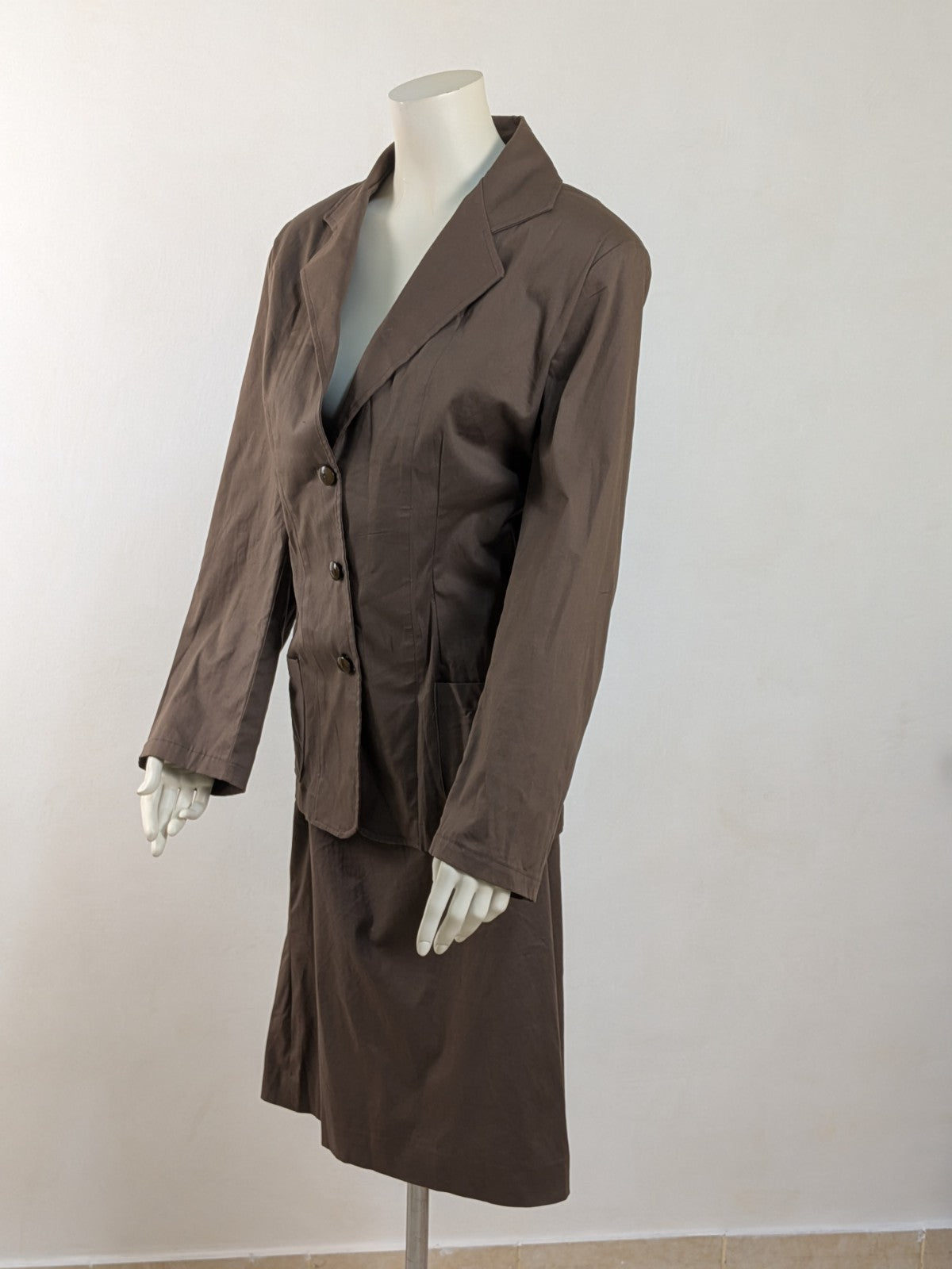 Tailleur Donna Vintage Marrone Cotone Fresco Giacca e Gonna Completo Taglia XL