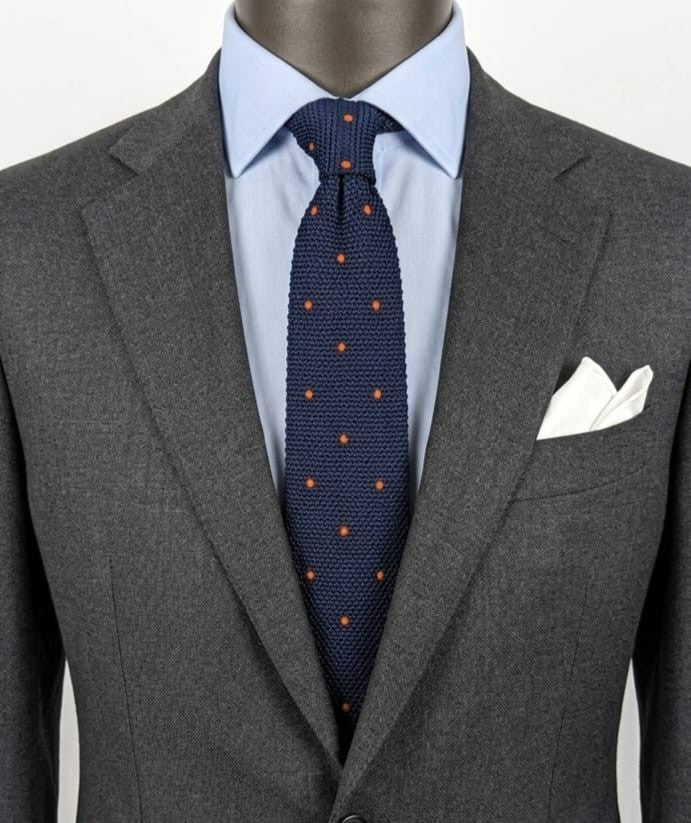 Cravatta a Maglia Uomo 100% Seta Blu Navy Pois Arancioni Knit Tie Made in Italy