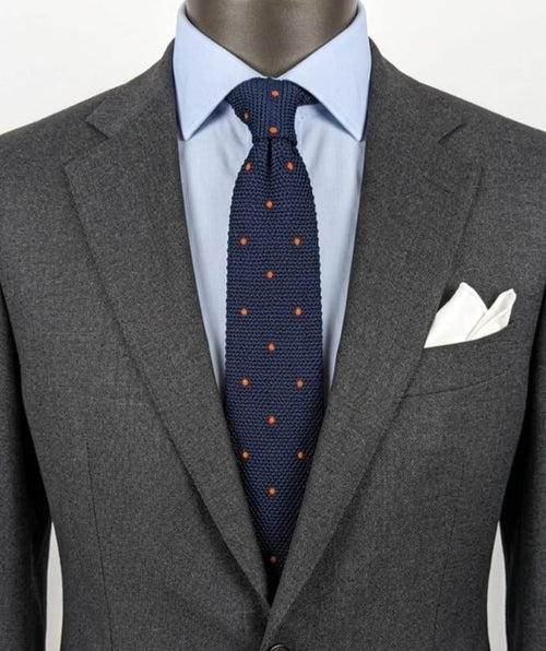 Cravatta a Maglia Uomo 100% Seta Blu Navy Pois Arancioni Knit Tie Made in Italy