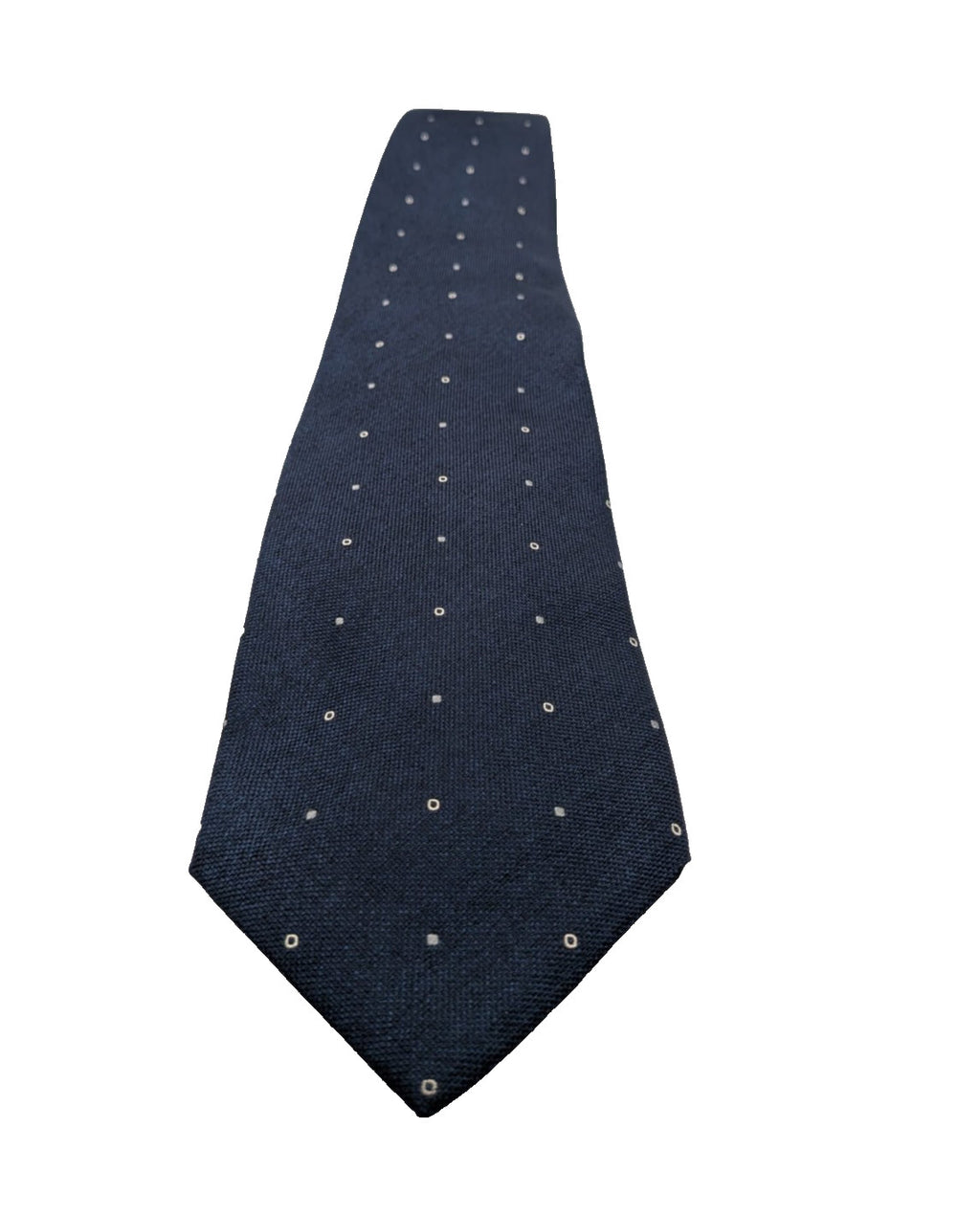 Hugo Parsons navy tie with geometric beige polka dot pattern, handmade in Italy.