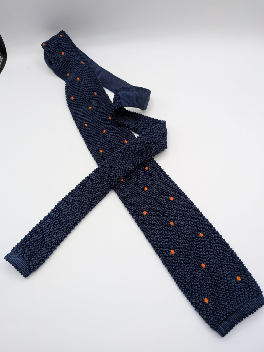 Cravatta a Maglia Uomo 100% Seta Blu Navy Pois Arancioni Knit Tie Made in Italy