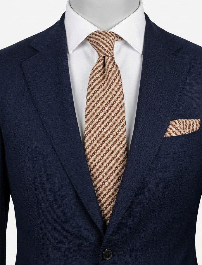 Cravatta Uomo Peter Milano 100% Seta Pura Vintage Beige Marrone Fantasi