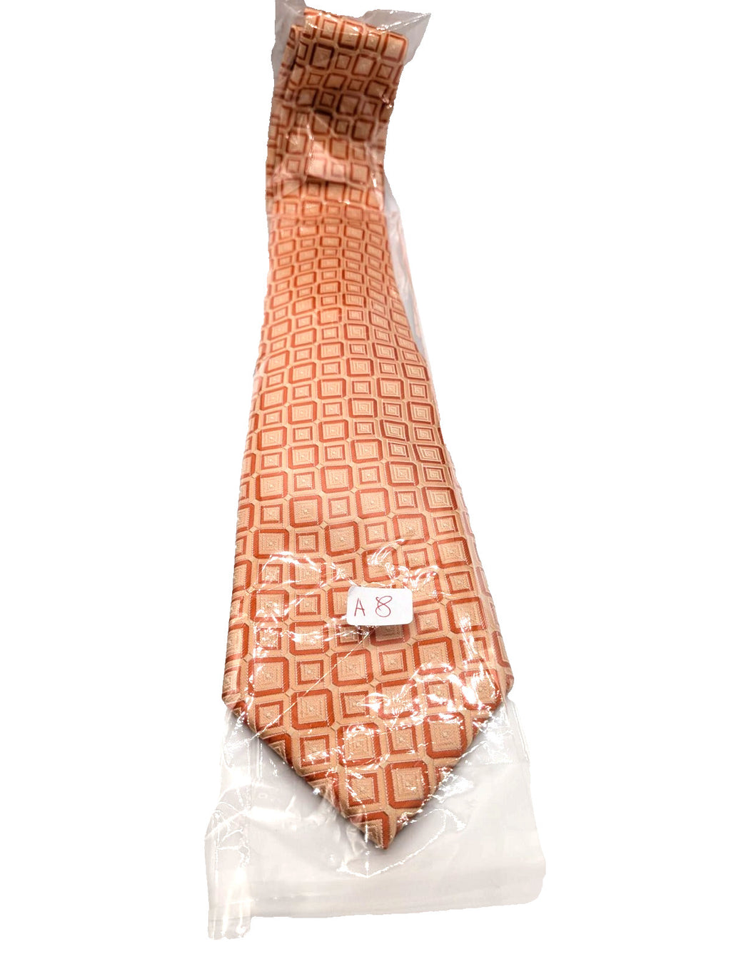 Cravatta Uomo Effetto Seta Arancio Pesca Fantasia Geometrica Elegante Vintage