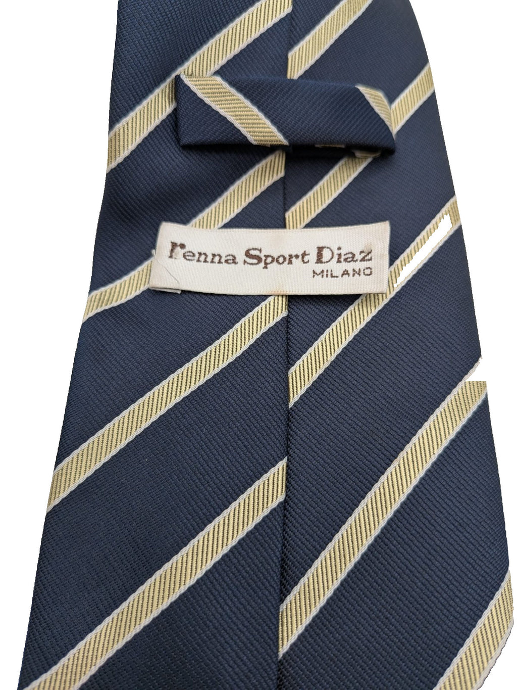 Blazer beige necktie with navy diagonal stripes and classic regimental pattern.