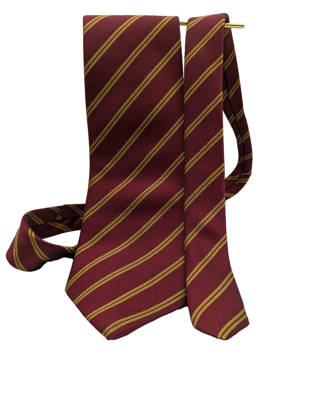 Bordeaux vintage necktie burgundy with gold diagonal stripes, 100% silk, classic regimental style.