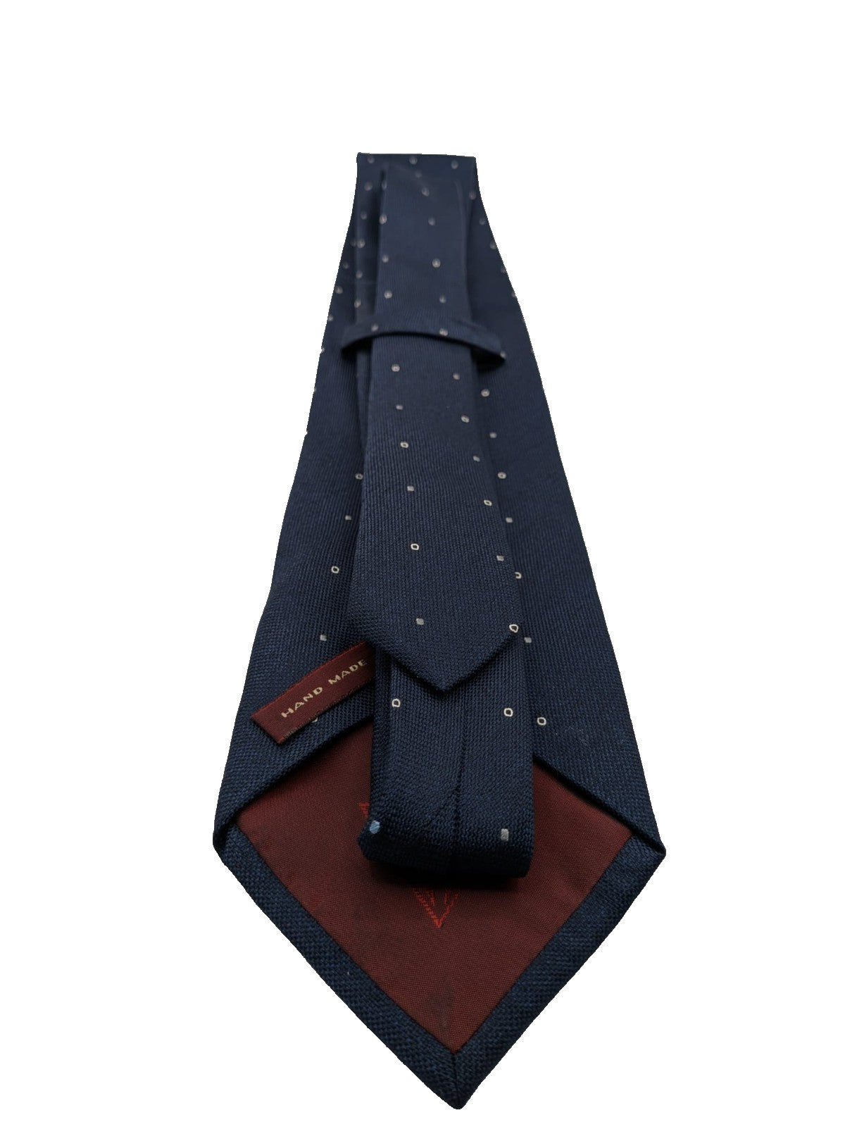 Hugo Parsons navy tie with geometric beige polka dot pattern, handmade in Italy.