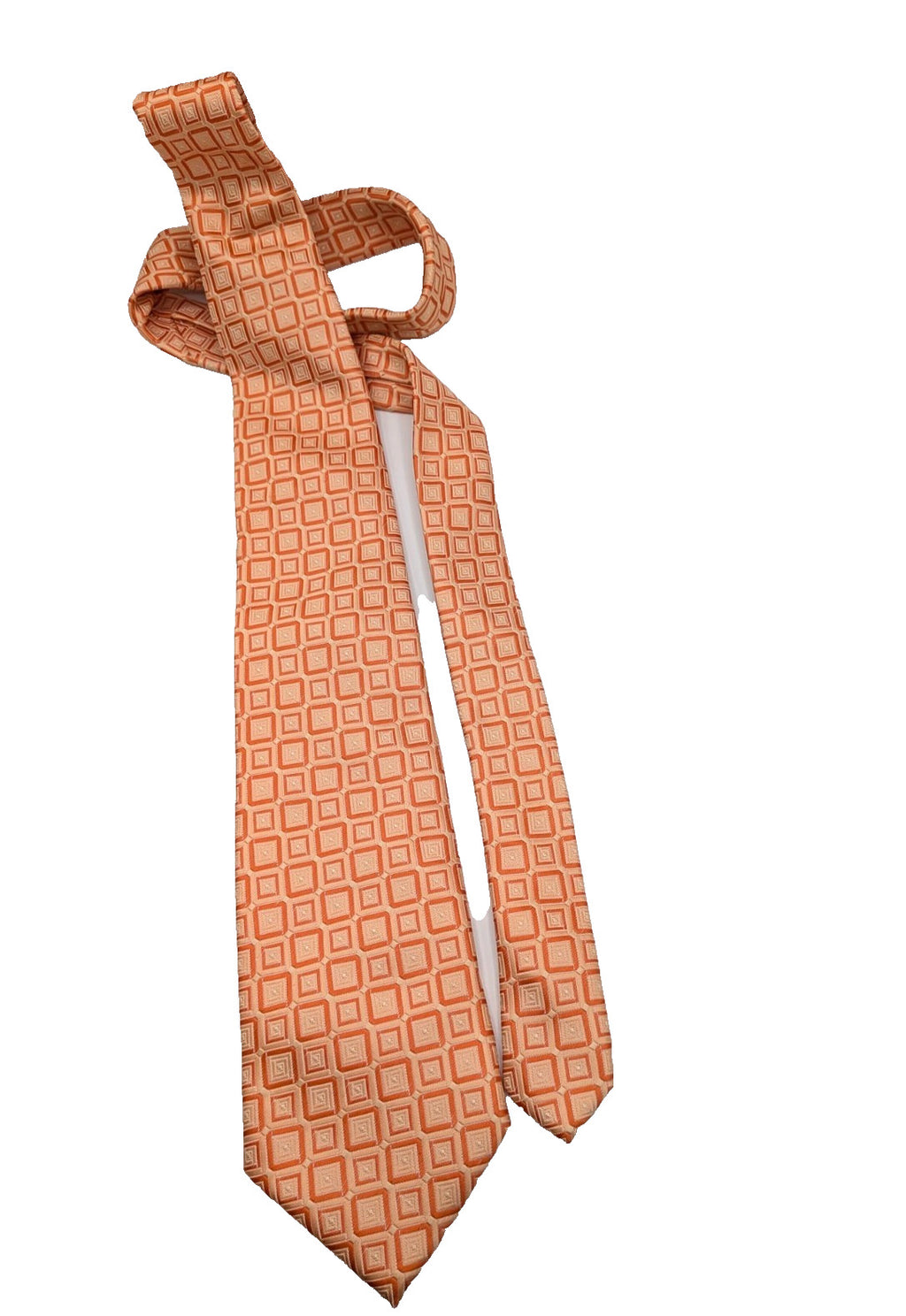 Cravatta Uomo Effetto Seta Arancio Pesca Fantasia Geometrica Elegante Vintage
