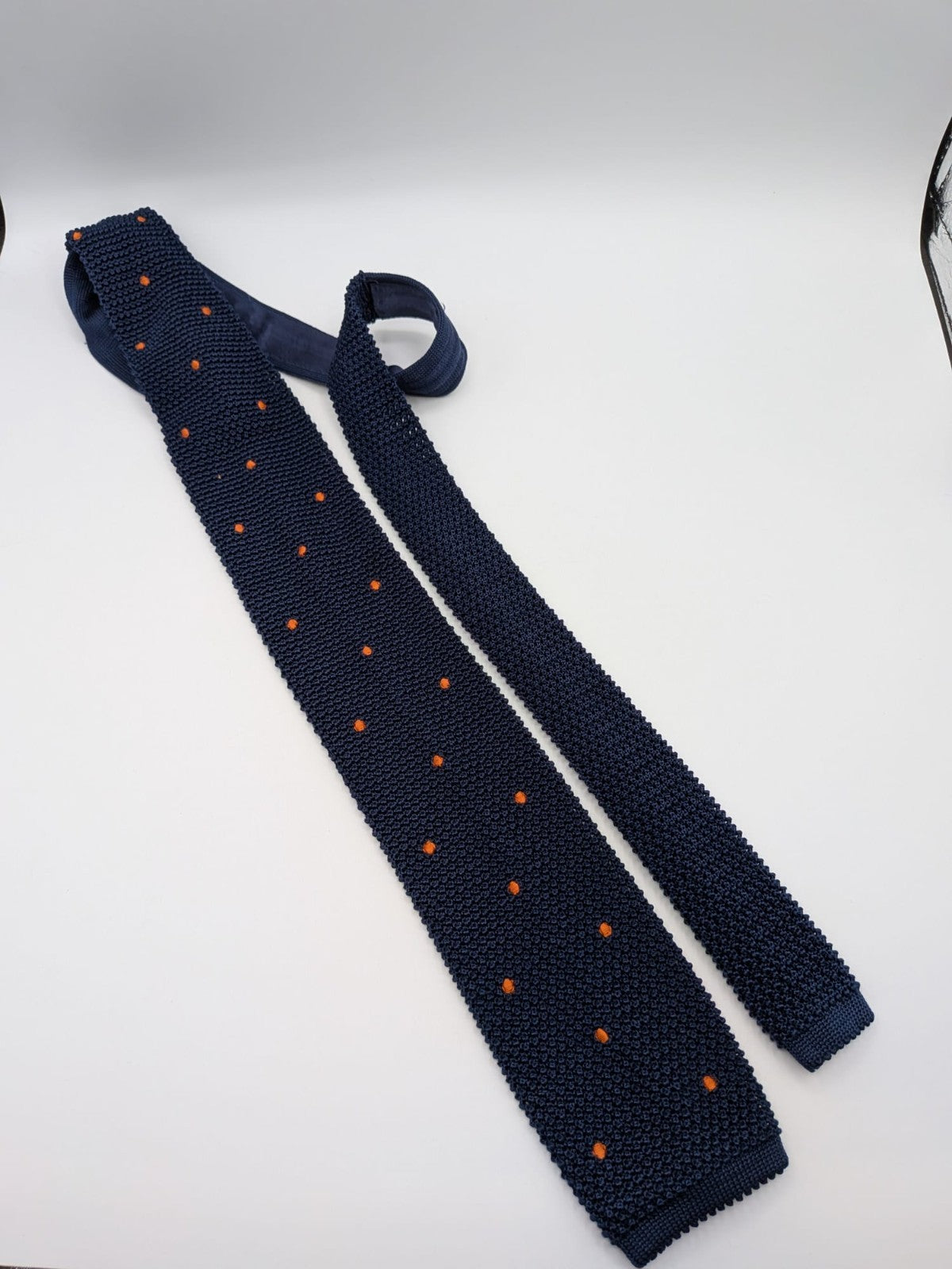 Cravatta a Maglia Uomo 100% Seta Blu Navy Pois Arancioni Knit Tie Made in Italy
