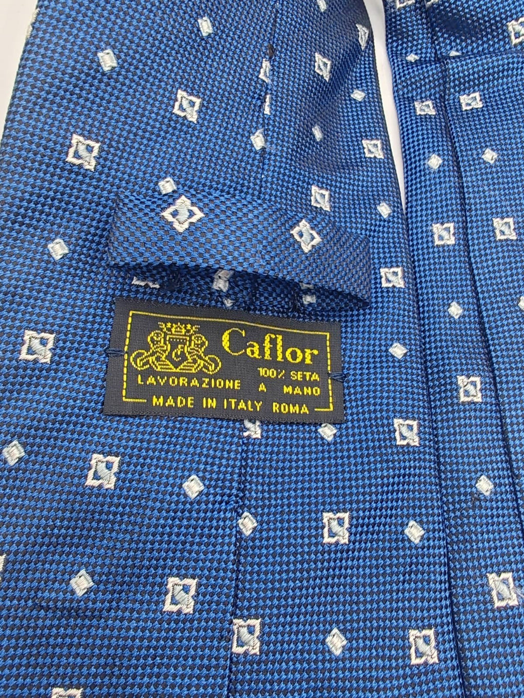 Cravatta Vintage Caflor Roma 100% Seta Blu Pattern Geometrico Made in Italy