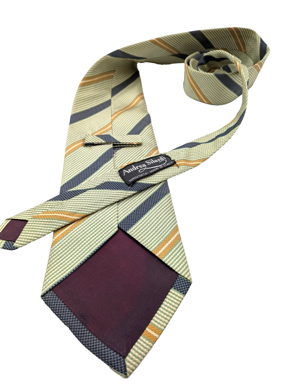 Andrea Silardi Cravatta Uomo 100% Seta Righe Verde Salvia Blu Oro Made in Italy