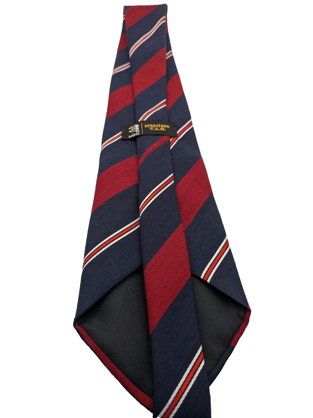 Blazer necktie navy with regimental diagonal stripes in blue, burgundy, white, and red.