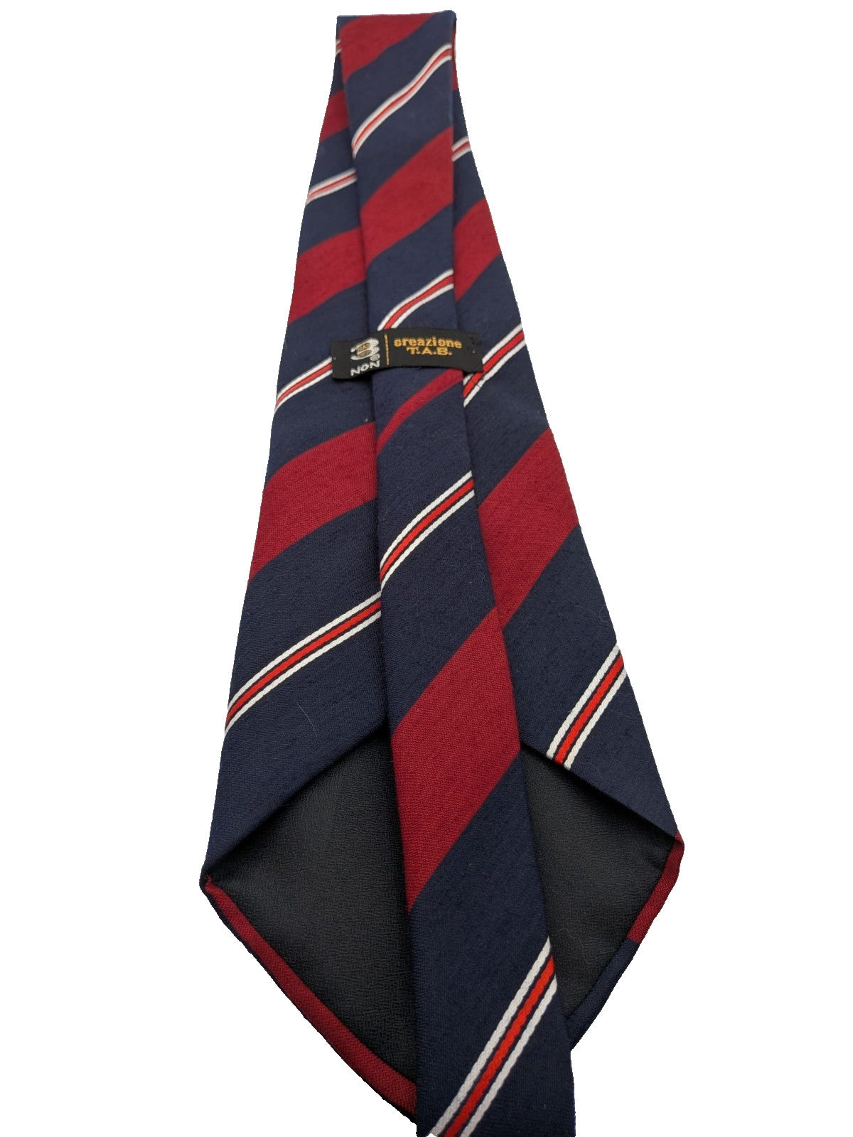 Blazer necktie navy with regimental diagonal stripes in blue, burgundy, white, and red.